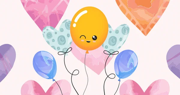 粉色背景上色彩斑斓的气球和心形图案 情人节庆祝活动和数字化生成的党的概念图像 — 图库照片