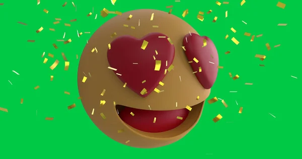 Image Confetti Falling Red Hearts Emoji Icon Green Screen Background — Stock Photo, Image