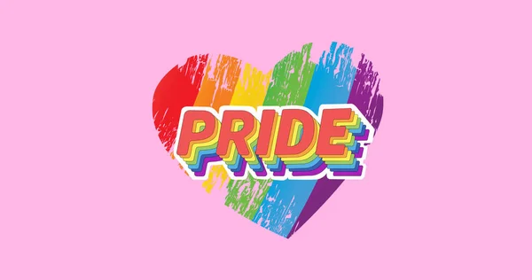 ピンクの背景にプライドテキストと虹の心のイメージ Lgbtq誇りと平等のお祝いの概念デジタル生成された画像 — ストック写真