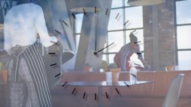 Yüz maskeleriyle çalışan farklı çiftler üzerinde saat animasyonu. covid 19 salgın konsepti sırasında dijital olarak üretilen küresel ağlar, iş ve bağlantılar.