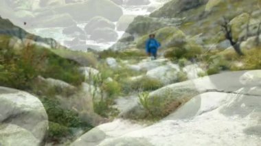 Doğada yürüyen beyaz adamın üzerindeki ışıkların videosu. Ulusal Yürüyüş Günü, dijital olarak üretilen sağlıklı yaşam tarzı.