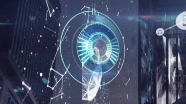 İkonlarla ve binaların üzerindeki taramalarla bağlantı ağının animasyonu. küresel iş, finans, bağlantılar ve dijital arayüz konsepti dijital olarak oluşturulmuş video.