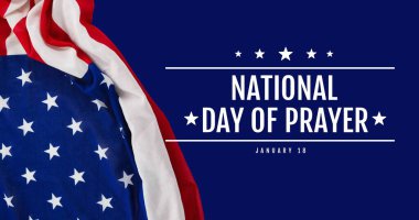 Ulusal dua gününün ve mavi arka planda Amerikan bayrağının vektör görüntüsü. dijital olarak üretilmiş, el ilanı, iletişim, Amerikan kültürü, maneviyat, din ve ulusal dua günü.