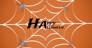 Mutlu Cadılar Bayramı metninin ağ üzerinden kompozisyonu ve turuncu arka planda örümcekler. Cadılar bayramı, gelenek ve kutlama konsepti dijital olarak oluşturuldu.