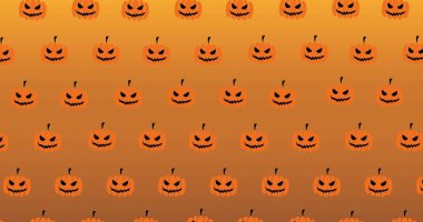 Turuncu arka planda tekrarlanan balkabağı simgelerinin bileşimi. Cadılar bayramı, gelenek ve kutlama konsepti dijital olarak oluşturuldu.