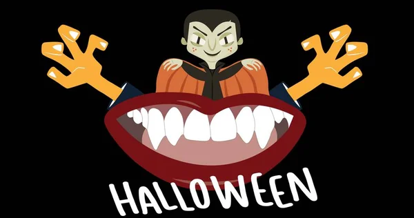 Composición Texto Halloween Sobre Vampiro Sobre Fondo Negro Halloween Tradición —  Fotos de Stock
