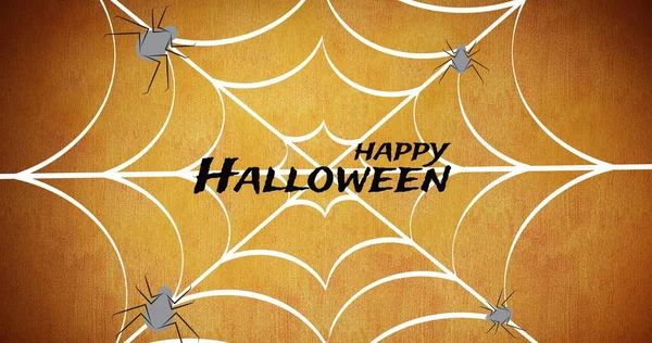 Composição Texto Feliz Halloween Sobre Web Aranhas Fundo Laranja Halloween — Fotografia de Stock