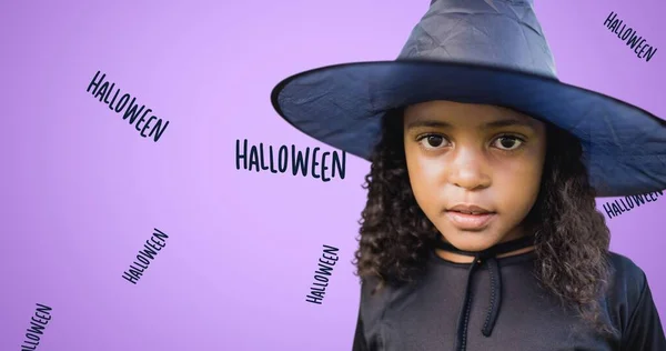 Samenstelling Van Halloween Tekst Herhaald Afrikaans Amerikaans Meisje Paarse Achtergrond — Stockfoto