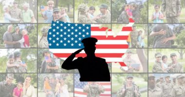 Asker silueti ve Amerikan bayrağının farklı aileli erkek ve kadın askerler üzerinde canlandırılması. Silahlı Kuvvetler Günü, vatanseverlik ve dijital olarak üretilen video konsepti.