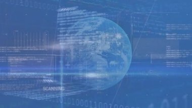 Yukarıyı, küreyi, istatistikleri ve veri işlemeyi gösteren okların animasyonu. küresel iletişim, veri işleme ve dijital arayüz kavramı dijital olarak oluşturulmuş video.