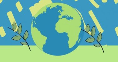 Yaprakların, kürenin ve mavi arka planda yeşil desenlerin animasyonu. Toprak günü, çevre ve sürdürülebilirlik kavramı dijital olarak oluşturuldu.