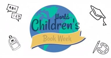 Dünya Çocuk Kitapları Haftası 'nın animasyonu. Beyaz arka planda okul ikonları var. Çocuk kitabı haftası ve okuma konsepti dijital olarak oluşturulmuş video.