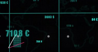 Siyah arka planda finansal veri işleme animasyonu. küresel iş, finans, bağlantılar ve dijital arayüz konsepti dijital olarak oluşturulmuş video.