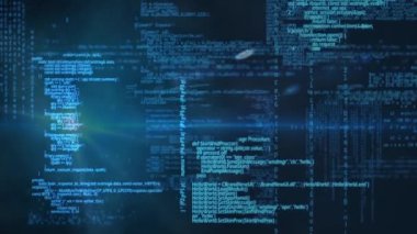 Mavi arkaplanda veri işleme animasyonu. küresel veri işleme ve dijital arayüz konsepti dijital olarak oluşturulmuş video.