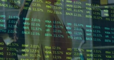 Kafkasyalı iş kadınıyla ilgili finansal veri işleme animasyonu. iş, finans ve veri işleme kavramı dijital olarak oluşturulmuş video.