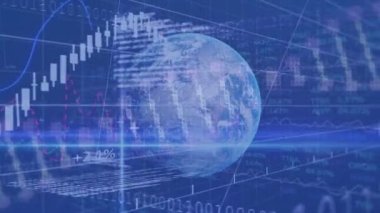 Dünya 'nın animasyonu, istatistik ve veri işleme sistemi devrede. küresel iletişim, veri işleme ve dijital arayüz kavramı dijital olarak oluşturulmuş video.