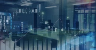 Ofis üzerinde istatistik ve finansal veri işleme animasyonu. iş, finans ve veri işleme kavramı dijital olarak oluşturulmuş video.