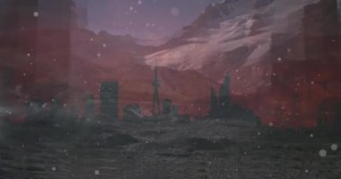 Manzara arka planında sosyal medya simgelerinin ve numaraların animasyonu. Sosyal medya ve iletişim konsepti dijital olarak oluşturulmuş video.