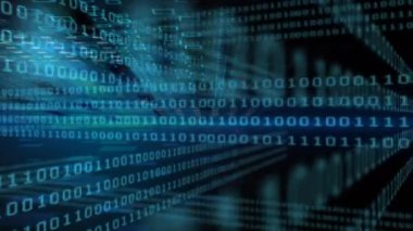 Mavi arkaplanda veri işleme ve ikili kodlama animasyonu. küresel veri işleme ve dijital arayüz konsepti dijital olarak oluşturulmuş video.