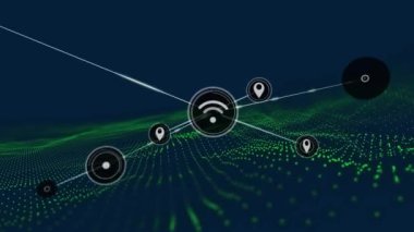 Siyah arkaplandaki simgeler ve noktalarla bağlantı ağının animasyonu. Sosyal medya ve iletişim arayüzü kavramı dijital olarak oluşturulmuş video.