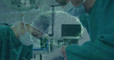 İnsan beyninin animasyonu ve yüz maskesi takan beyaz kadın cerrahın veri işlemesi. covid 19 pandemik konsept sırasında dijital olarak üretilen video boyunca küresel araştırma ve tıp.