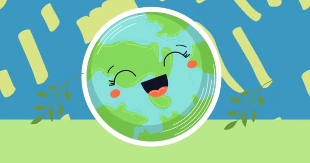 Animation Smiling Globe Green Pattern Blue Background Earth Day Environment — Stock Video