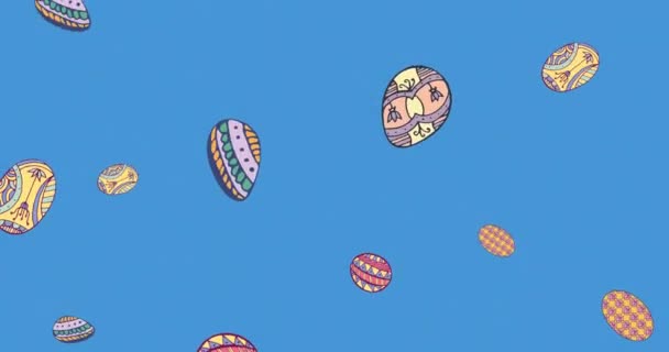 Animação Ovos Páscoa Caindo Sobre Fundo Azul Páscoa Domingo Celebração — Vídeo de Stock