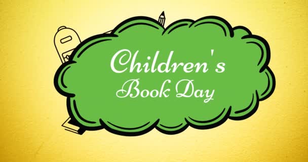 Animation Von Kindern Buchwochen Text Über Grüne Sprechblase Und Schulsachen — Stockvideo