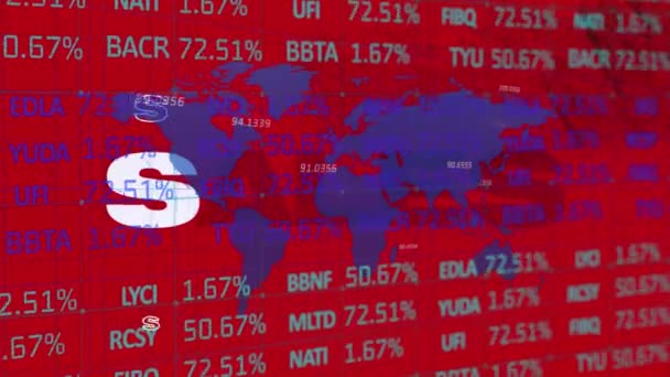 在黑色背景上以白色字母和金融股票信息及世界地图的形式进行销售 全球零售业金融经济概念数字化生成的形象 — 图库视频影像