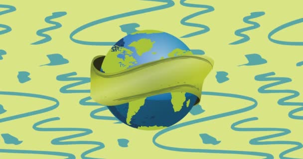 Animation Globe Wrapped Green Ribbon Blue Pattern Green Background Earth — Stock Video
