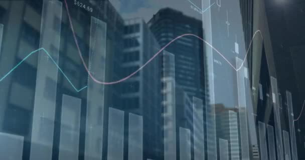 Animação Estatísticas Processamento Dados Financeiros Sobre Edifícios Escritórios Modernos Conceito — Vídeo de Stock