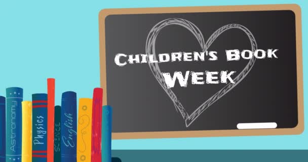 Animation Children Book Week Text Blackboard Και Βιβλία Μπλε Φόντο — Αρχείο Βίντεο