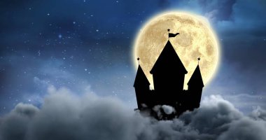 Ay ve yıldızlı gökyüzü üzerindeki şato ikonu. Cadılar bayramı, gelenek ve kutlama konsepti dijital olarak oluşturuldu.