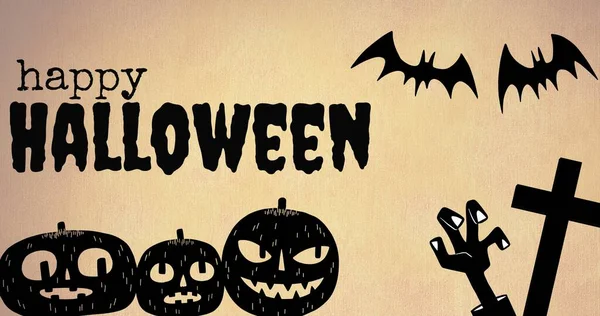 Kompozycja Szczęśliwego Tekstu Halloween Nad Ikonami Beżowym Tle Halloween Tradycja — Zdjęcie stockowe