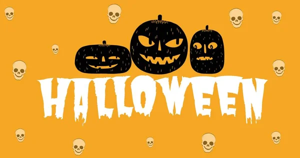 Kompozycja Tekstu Halloween Nad Dyniami Czaszkami Pomarańczowym Tle Halloween Tradycja — Zdjęcie stockowe