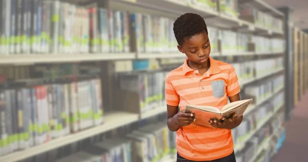 Digital Composite Image African American Elementary Boy Reading Book While — Stock Photo, Image