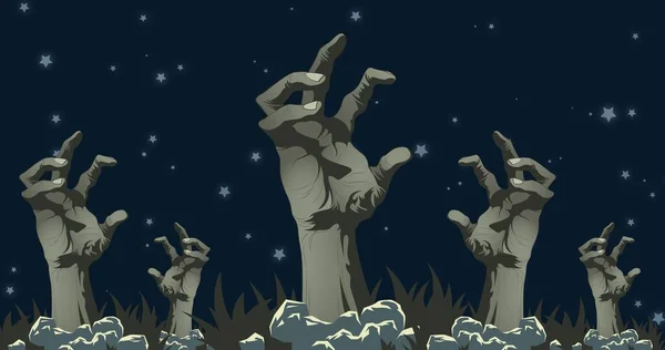 Sammansättning Zombie Händer Ikoner Över Himlen Med Stjärnor Halloween Tradition — Stockfoto