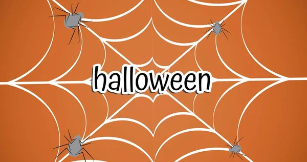 Skład Tekstu Halloween Nad Siecią Pająki Pomarańczowym Tle Halloween Tradycja — Zdjęcie stockowe