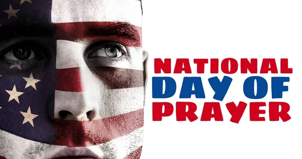 Caucasian Young Man Flag Face Paint National Day Prayer Text — Stock Photo, Image
