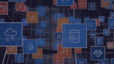 Bağlantıları, iş simgeleri ve veri işlemesi olan dünyanın animasyonu. küresel iş, iletişim, veri işleme ve dijital arayüz kavramı dijital olarak oluşturulmuş video.