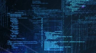 Mavi arkaplanda veri işleme ve ikili kodlama animasyonu. küresel veri işleme ve dijital arayüz konsepti dijital olarak oluşturulmuş video.