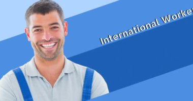 Uluslararası işçi günü metni üzerine gülümseyen beyaz erkek işçinin animasyonu. Uluslararası İşçiler Günü ve dijital olarak üretilen video konsepti.