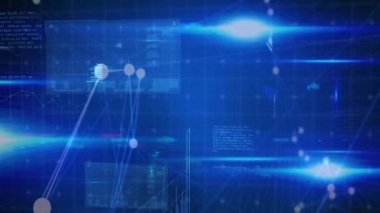 Mavi arkaplanda veri işleme ve ekran animasyonu. küresel veri işleme ve dijital arayüz konsepti dijital olarak oluşturulmuş video.