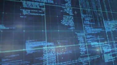 Mavi arkaplanda veri işleme ve ikili kodlama animasyonu. küresel veri işleme ve dijital arayüz konsepti dijital olarak oluşturulmuş video.