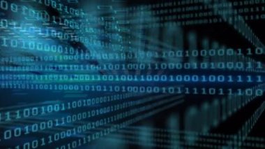 Mavi arkaplanda veri işleme ve ikili kodlama animasyonu. küresel veri işleme ve dijital arayüz konsepti dijital olarak oluşturulmuş video.