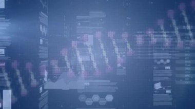 Ekranda DNA ipliği, istatistik ve veri işleme animasyonu. küresel bilim, iletişim, veri işleme ve dijital arayüz kavramı dijital olarak oluşturulmuş video.