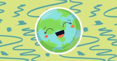 Gülümseyen küre ve yeşil arka planda mavi desen animasyonu. Toprak günü, çevre ve sürdürülebilirlik kavramı dijital olarak oluşturuldu.