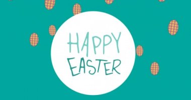 Yeşil arka planda Paskalya yumurtaları üzerinde mutlu paskalya metninin animasyonu. Paskalya Pazarı ve dijital olarak üretilen video konsepti.