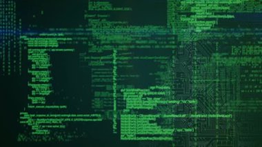 Yeşil arkaplanda veri işleme ve ikili kodlama animasyonu. küresel veri işleme ve dijital arayüz konsepti dijital olarak oluşturulmuş video.