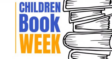 Çocuk kitapları haftası animasyonu beyaz arkaplan üzerine kitaplar üzerinde. Çocuk kitabı haftası ve okuma konsepti dijital olarak oluşturulmuş video.